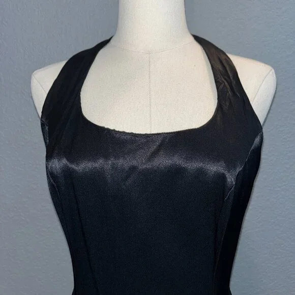 VINTAGE NADINE BLACK SATIN BACKLESS HALTER MAXI GOWN POCKETS Made in USA NWT - 9 - Picture 2 of 14